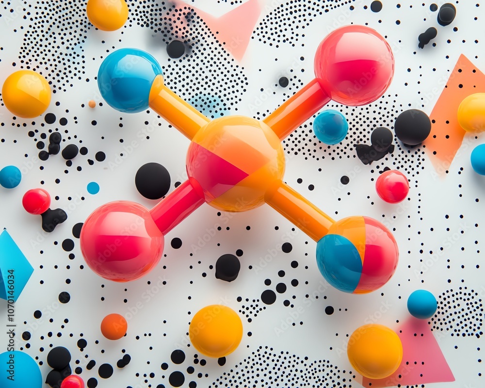 Poster vibrant molecular structures and abstract geometric patterns on a white background, showcasing creat