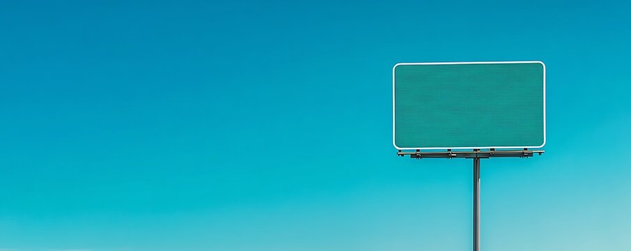A blank highway sign with no text or graphics hanging over a threelane American superhighway, under a clear blue sky
