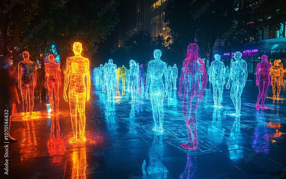 Aufkleber A dynamic network of digital figures, each symbolizing different people or groups, connected in the virtual space, showcasing digital communication