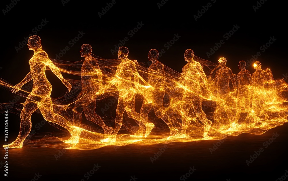 Aufkleber A dynamic network of digital figures, each symbolizing different people or groups, connected in the virtual space, showcasing digital communication