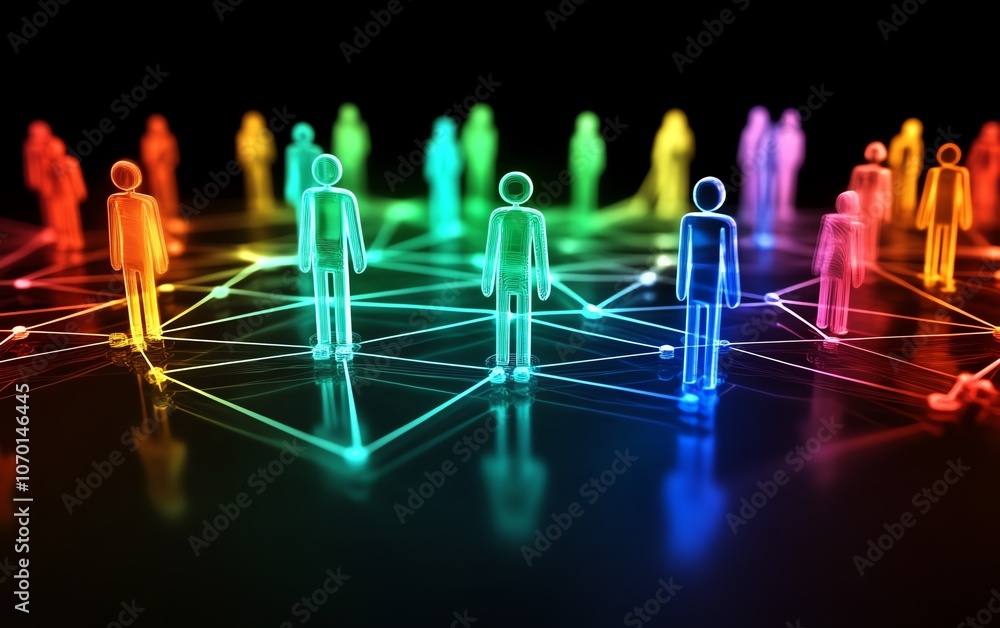 Aufkleber A dynamic network of digital figures, each symbolizing different people or groups, connected in the virtual space, showcasing digital communication
