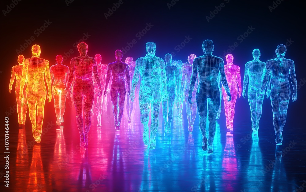 Poster a dynamic network of digital figures, each symbolizing different people or groups, connected in the 