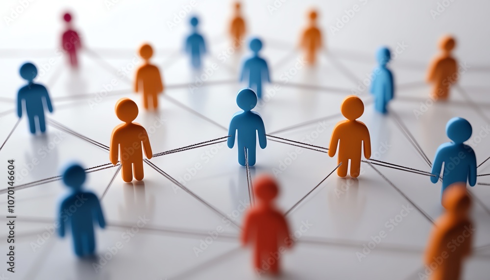 Poster a network of digital figures representing various people or groups, connected in the virtual space, 
