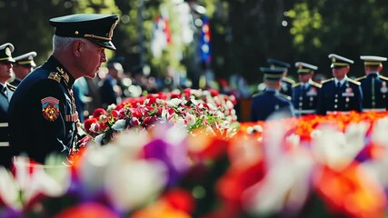 A military officer in uniform lays a wreath of flowers during a ceremony in a public square