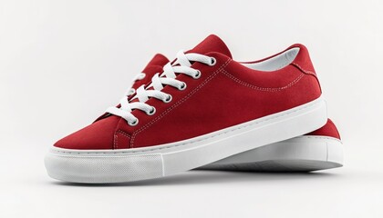 Stylish red sneakers with white laces placed on a neutral background