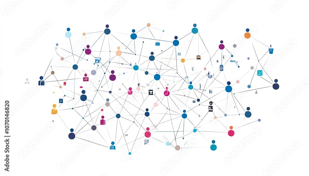Poster a web of people connected in a network, representing digital communication and the power of global o