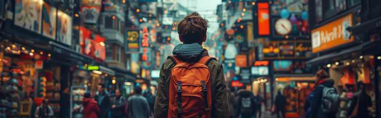 Obraz premium Young Traveler Exploring Bustling Urban Street with Colorful Lights and Shops