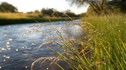 Dew drops on blades of grass along a calm, sunlit river.