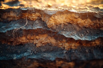 Layered soil with vibrant hues and textures at sunset