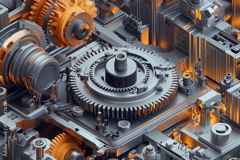 Poster detailed view of intricate machinery with gears and metal components illuminated by orange highlight