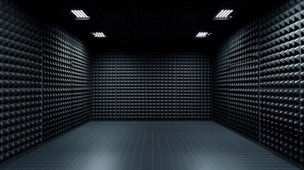 Empty soundproof room with black acoustic panels on the walls and a tiled floor.
