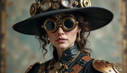 Steampunk Woman In Elaborate Goggles and Hat With Gears. Portrait of a woman in a detailed steampunk outfit featuring ornate goggles and a gear-adorned hat. Generated AI