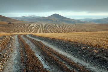Fototapeta premium Serene rural landscape with plowed fields and rolling hills at dusk