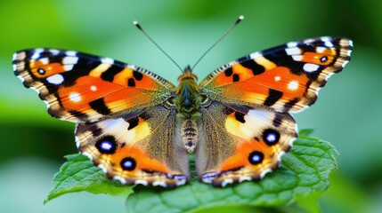 Obraz premium A colorful butterfly with orange, black, and white markings sits on a green leaf with its wings spread wide.