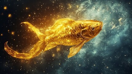  Golden Pisces zodiac sign against space background. Astrology calendar. Esoteric horoscope and fortune telling concept