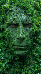 Green Man Face in Nature, Earth-Themed Abstract Art, Lush Greenery Background
