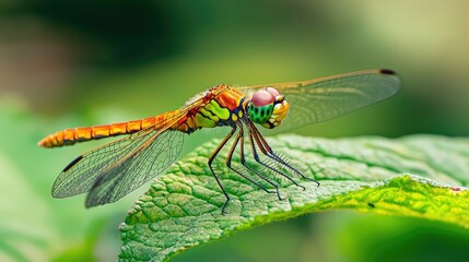 A colorful dragonfly perched on a green leaf.