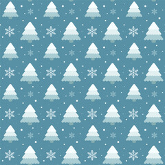 Winter holidays pattern design with Christmas trees and snowflakes for packaging, textile, wrapping paper.