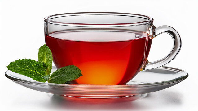 Clear glass teacup with red tea and a green leaf garnish, isolated on white. PNG transparent.