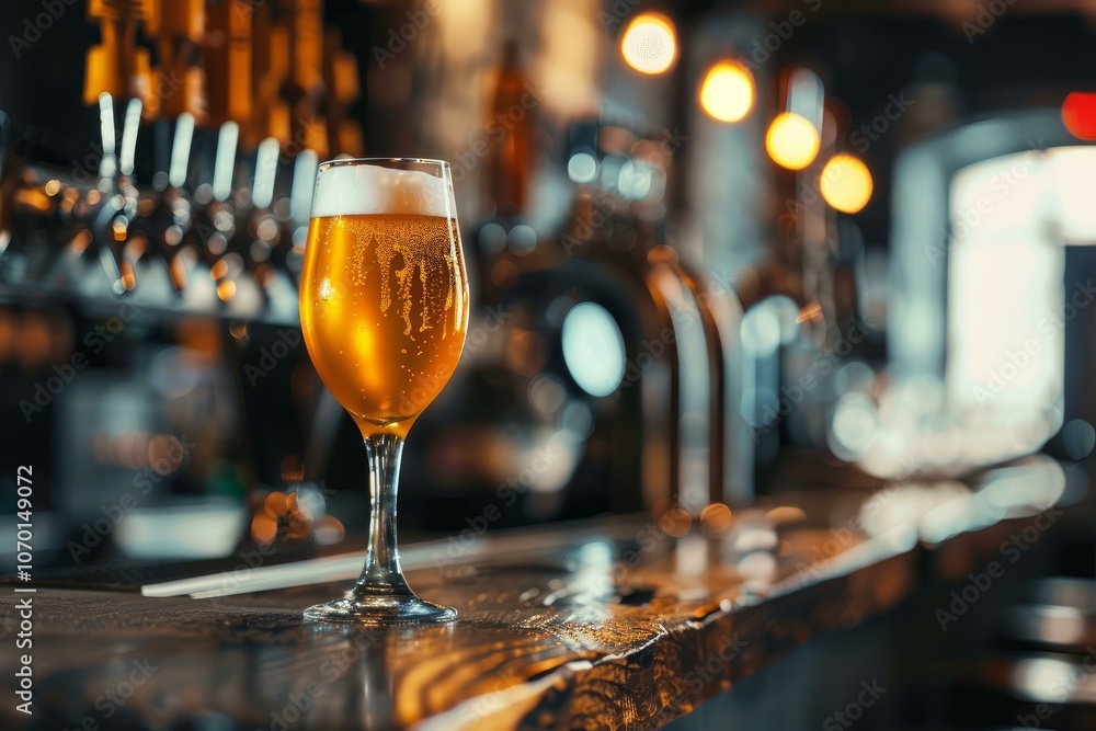Poster cold beer is waiting on the counter in a pub with blurred beer taps in the background