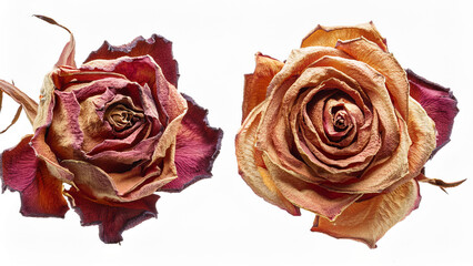 Dried rose with faded colors, showing texture and aging petals, isolated on white background. PNG transparent.