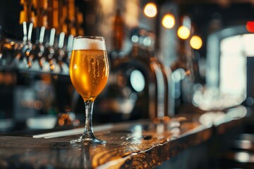 Cold beer is waiting on the counter in a pub with blurred beer taps in the background