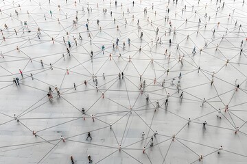 Network of People Walking Across Abstract Grid for Connection and Communication Concepts