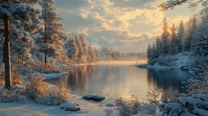 Fototapeta premium Winter snowy landscape with a blanket of fresh snow covering the ground and snow-capped trees in the background, winter, snowy, landscape