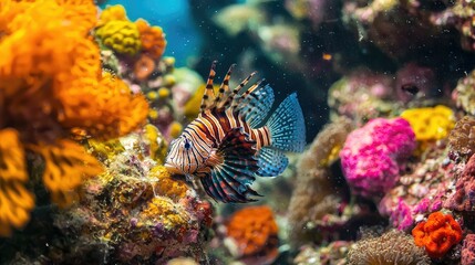 A colorful lionfish swims amongst vibrant coral and anemones.