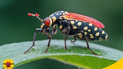 Naklejka premium A colorful insect with red and black spots perched on a green leaf.