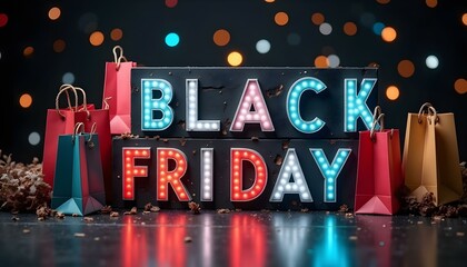 a Bold 'Black Friday' text in a dynamic, eye-catching font, surrounded by colorful shopping bags and discount tags, with a festive background of bright, blinking lights create with ai