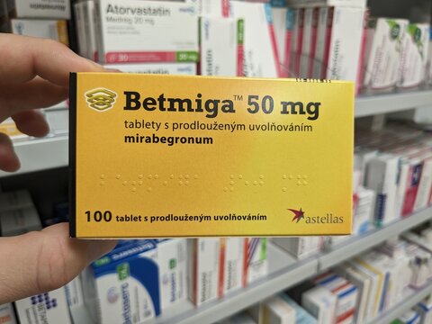 Prague,Czech Republic-August 7 2024: BETMIGA box of medication with MIRABEGRON active substance by ASTELLAS,used for treatment of overactive bladder	
