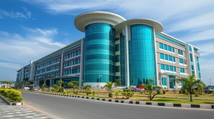 Modern glass office building with blue sky and parking lot in front.
