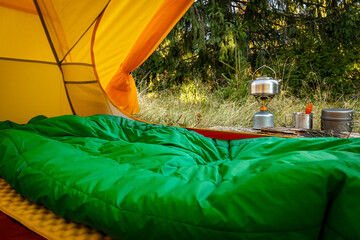 Equipment for camping and cooking on a mountain hike.