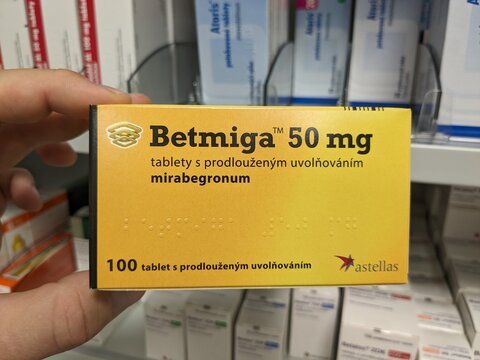 Prague,Czech Republic-August 7 2024: BETMIGA box of medication with MIRABEGRON active substance by ASTELLAS,used for treatment of overactive bladder	
