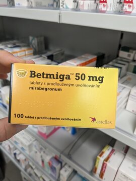 Prague,Czech Republic-August 7 2024: BETMIGA box of medication with MIRABEGRON active substance by ASTELLAS,used for treatment of overactive bladder	
