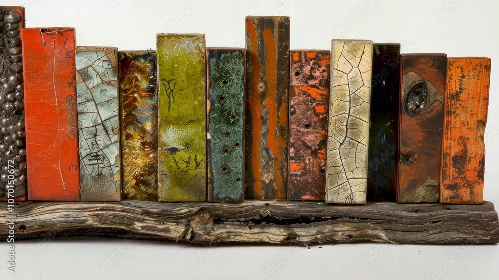 Poster a mixed media sculpture consisting of eight different textures and materials representing the divers