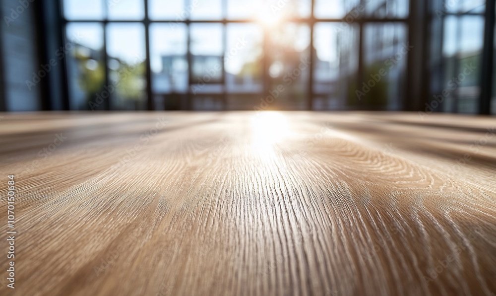Poster empty wooden table in a modern office with a large window and a blurred background.