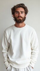 man with beard in white sweatshirt and trousers on light background, vertical portrait, mockup, template