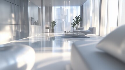 Fototapeta premium Modern Minimalist Penthouse Interior with Floor-to-Ceiling Windows and Cityscape Views, Light-Filled Space Featuring Sleek Furniture and Reflective Surfaces, Ideal for Contemporary Urban Living