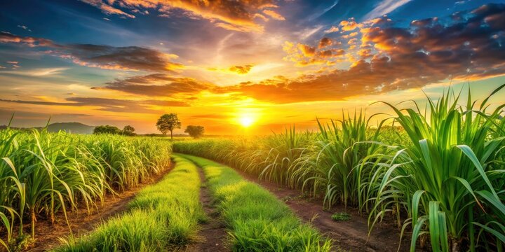 Stunning Sugarcane Field at Sundown - Vibrant Tebu Landscape in Malaysia, Natural Beauty, Lush Green Grass, Agricultural Serenity, Nutritional Sweetness, Sunset Glow, Nature Photography