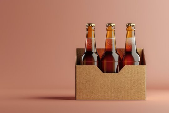 Three brown glass beer bottles in cardboard six pack packaging standing on warm tone background
