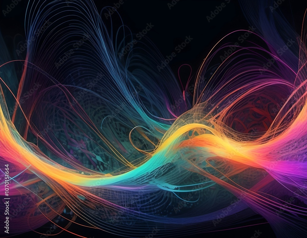 Wall mural fractal realms abstraction with colorful waves of light.