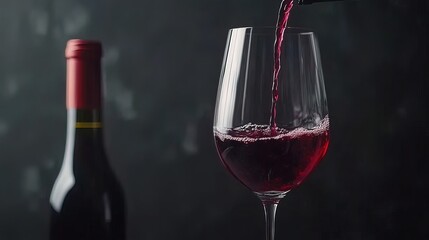 Red wine being poured into a glass with a bottle in the background.