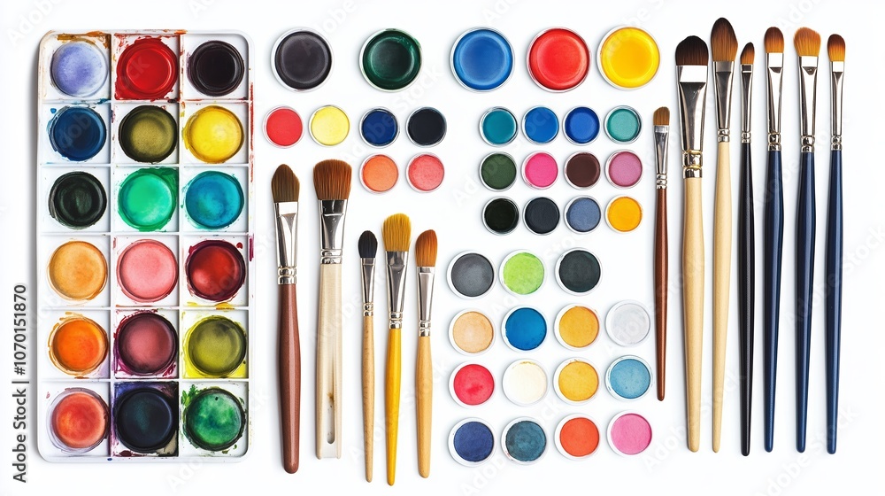 Poster colorful array of watercolor paints and brushes arranged neatly for artistic creation