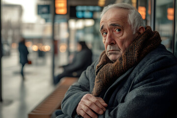 Elderly man sitting on a bench in a bus stop, looking concerned.
