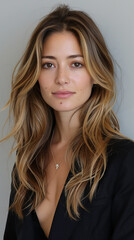 Naklejka premium Confident Young Woman with Wavy Hair and Black Blazer - Professional Headshot