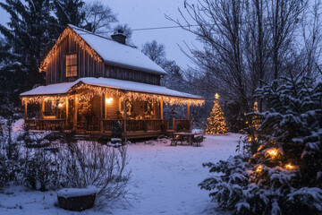 cozy cabin glowing with Christmas lights in snowy winter night