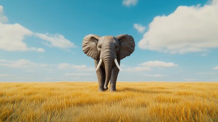 Obraz premium Majestic elephant in the savanna with trunk raised and ears flapping under a vibrant sky during golden hour