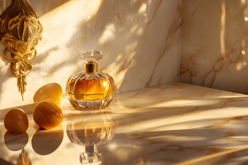 Glass perfume bottle with golden liquid and two yellow fruits on a white marble surface.
